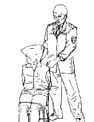 酷刑圖示：銬上手銬腳鐐，受害者被塑料口袋蒙頭，致窒息