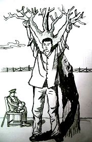 中共酷刑示意圖：吊銬在樹上