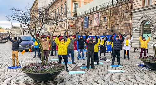 '圖1：十一月二十五日中午，來自瑞典各地的法輪功學員集聚在位於瑞典國會大廈和皇宮之間的錢幣廣場上，舉辦了揭露中共迫害、講真相活動。'