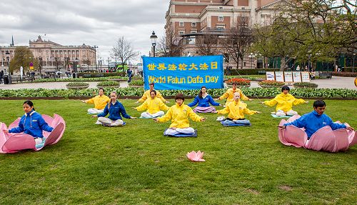 瑞典法輪功學員聚集在首都斯德哥爾摩櫻花盛開的皇家花園，提前慶祝即將來臨的「五一三世界法輪大法日」。他們在演示法輪功第五套功法。