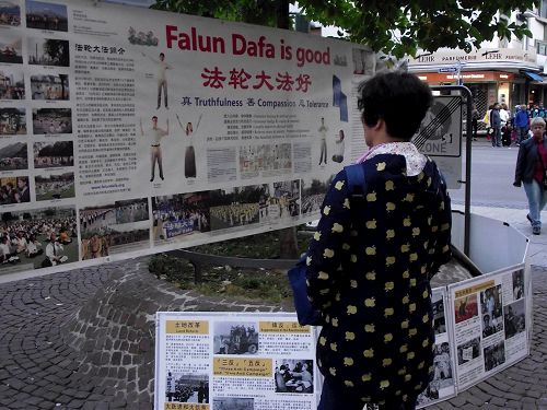'圖1：中國人在展板前靜靜地看真相資料'