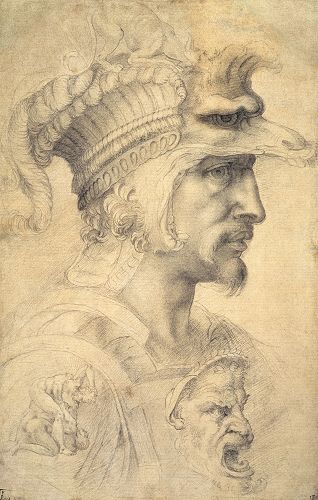這是米開朗基羅的素描《卡諾莎伯爵戎裝戰士頭象》（Head of a Warrior - The Count of Canossa），41.2 x 26.3釐米，作於1550年-1600年間，具體時間不詳。米開朗基羅的作品一向以其強烈的力量感而著稱，但再發達的肌肉也是圓的、有彈性的，而不是方的或石頭般堅硬的。作者以巧妙的用光體現了戰士堅毅的神情，但每個部份的過渡卻處理得非常柔和，完全沒有變異的方塊感。（來源：https://rs.1000museums.com）