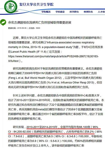 '圖3：復旦大學公共衛生學院研究成果報告：全國每年流感超額（相關呼吸道疾病）死亡超過8.8萬人'