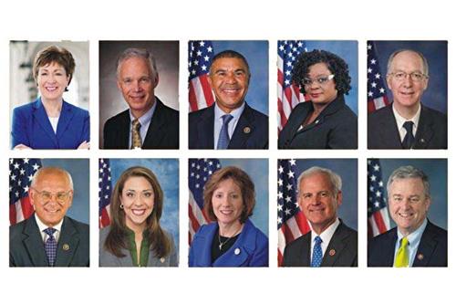 '圖1：第一排從左至右：美國參議員蘇珊﹒柯林斯（Susan Collins）、羅恩﹒約翰遜（Ron Johnson），美國眾議員威廉﹒拉齊﹒克萊（William Lacy Clay）、格溫﹒穆爾（Gwen Moore）、比爾﹒福斯特（Bill Foster）；第二排從左至右：美國眾議員保羅﹒唐考（Paul Tonko）、潔米﹒赫雷拉﹒布特勒（Jaime Herrera Beutler）、維琪﹒哈茨勒（Vicky Hartzler）、布拉德利﹒伯恩（Bradley Byrne）、戴維﹒特朗（David Trone）。'