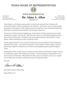 '圖4：德州眾議院第131區州眾議員阿爾瑪﹒艾倫博士（Alma Allen）支持信'