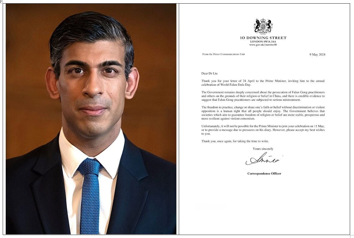 圖10:在二零二四年「世界法輪大法日」來臨之際,英國首相裏希﹒蘇納克(Rishi Sunak)的辦公室發信函,表達對法輪功的支持。